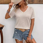 Crocheted V-Neck Top with Short Sleeves for Women