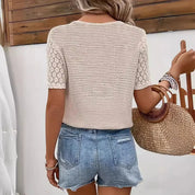 Crocheted V-Neck Top with Short Sleeves for Women