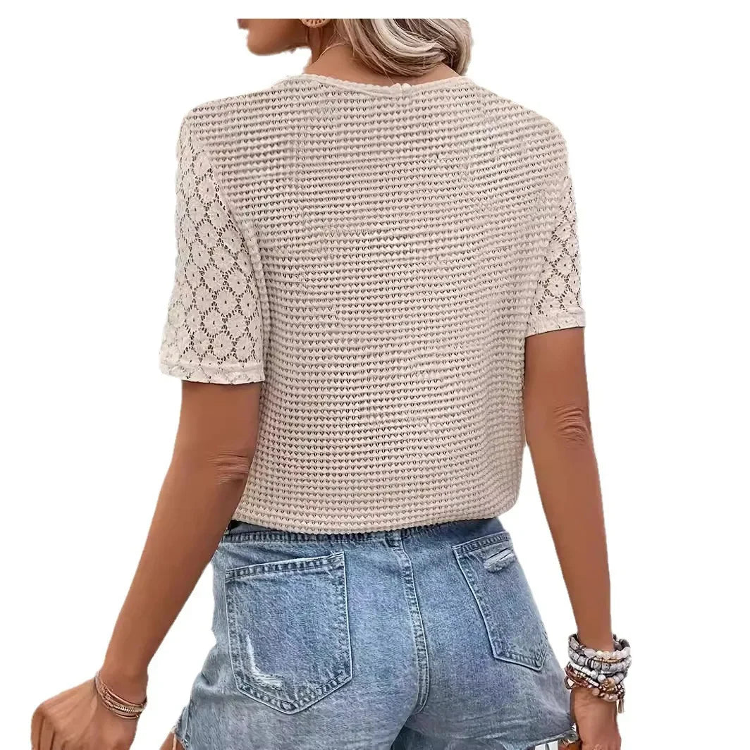 Crocheted V-Neck Top with Short Sleeves for Women