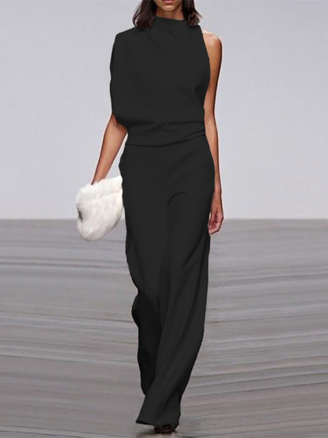 One-Shoulder Wide-Leg Jumpsuit for Women with Open Back and Stretch