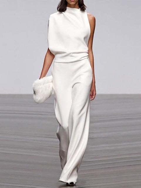 One-Shoulder Wide-Leg Jumpsuit for Women with Open Back and Stretch