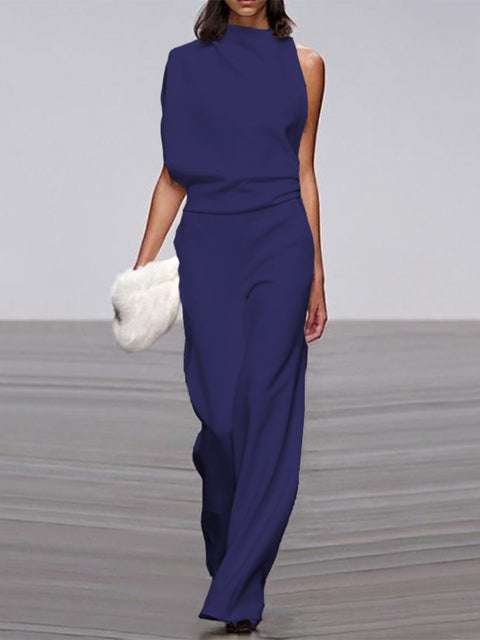 One-Shoulder Wide-Leg Jumpsuit for Women with Open Back and Stretch