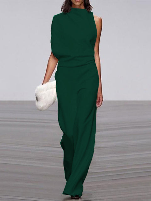 One-Shoulder Wide-Leg Jumpsuit for Women with Open Back and Stretch