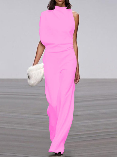 One-Shoulder Wide-Leg Jumpsuit for Women with Open Back and Stretch