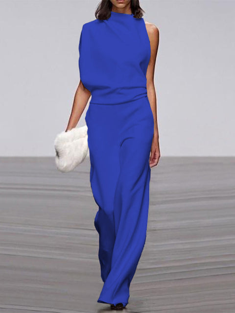 One-Shoulder Wide-Leg Jumpsuit for Women with Open Back and Stretch