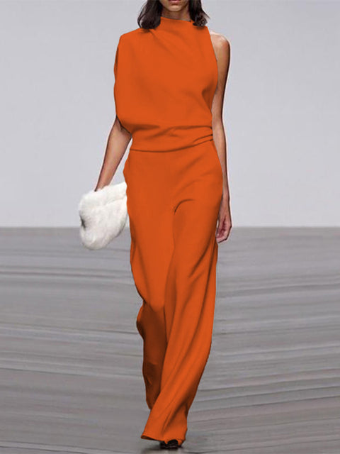 One-Shoulder Wide-Leg Jumpsuit for Women with Open Back and Stretch