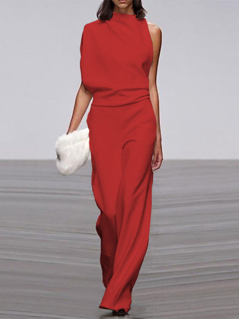 One-Shoulder Wide-Leg Jumpsuit for Women with Open Back and Stretch