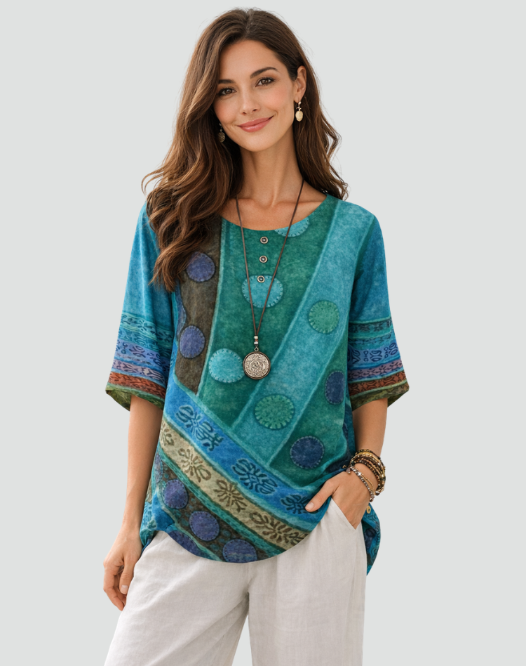 Boho Blouse with Print and Three-Quarter Sleeves