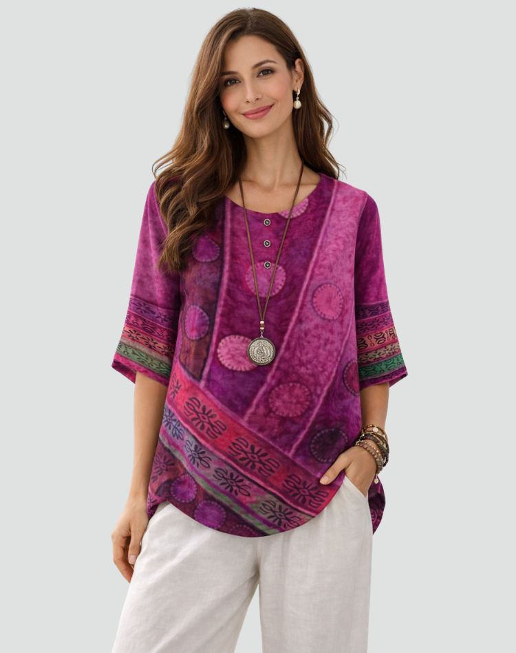 Boho Blouse with Print and Three-Quarter Sleeves