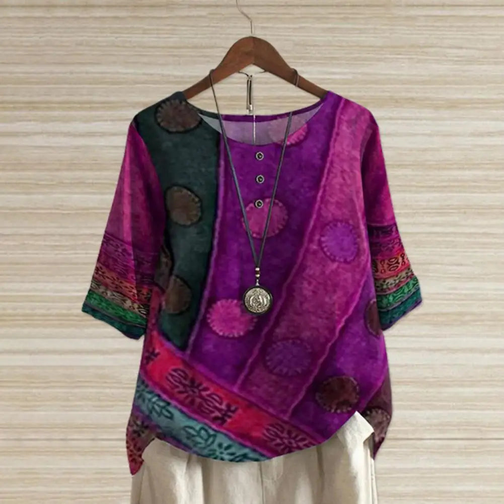 Boho Blouse With Print And Round Neck For Women