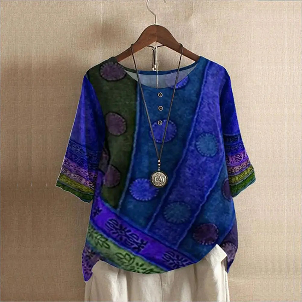 Boho Blouse With Print And Round Neck For Women