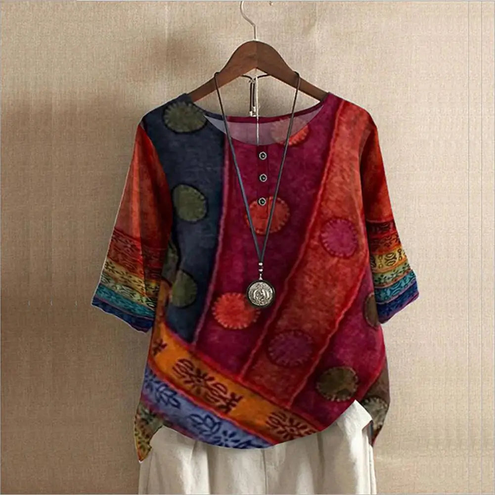 Boho Blouse With Print And Round Neck For Women