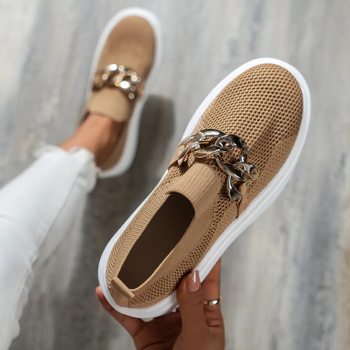 Lightweight Women's Slip-Ons with Chain Detail and Platform Sole