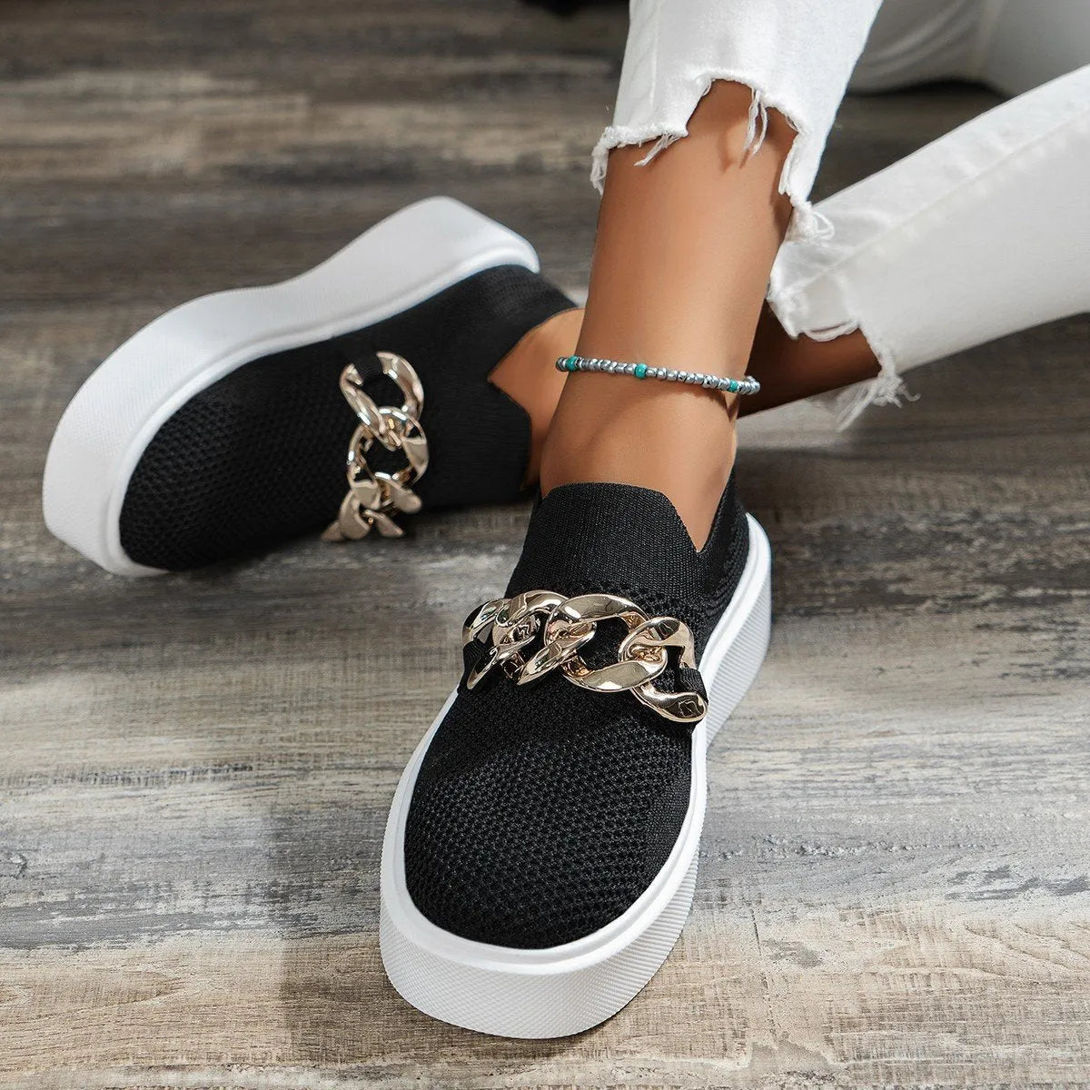Lightweight Women's Slip-Ons with Chain Detail and Platform Sole