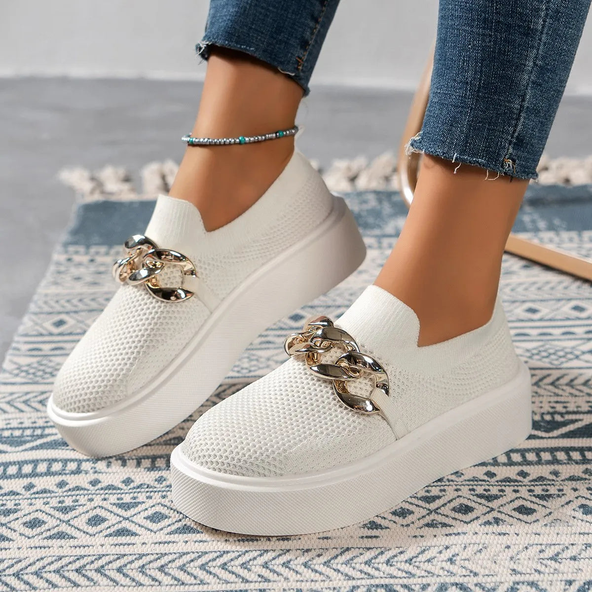 Lightweight Women's Slip-Ons with Chain Detail and Platform Sole