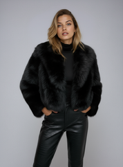 Black Faux Fur Jacket Short Style Warm and Soft for Women