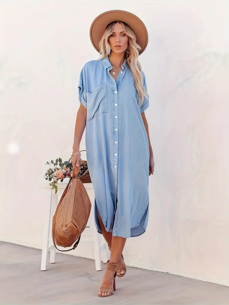 Oversized Midi Shirt Dress With Short Sleeves For Women