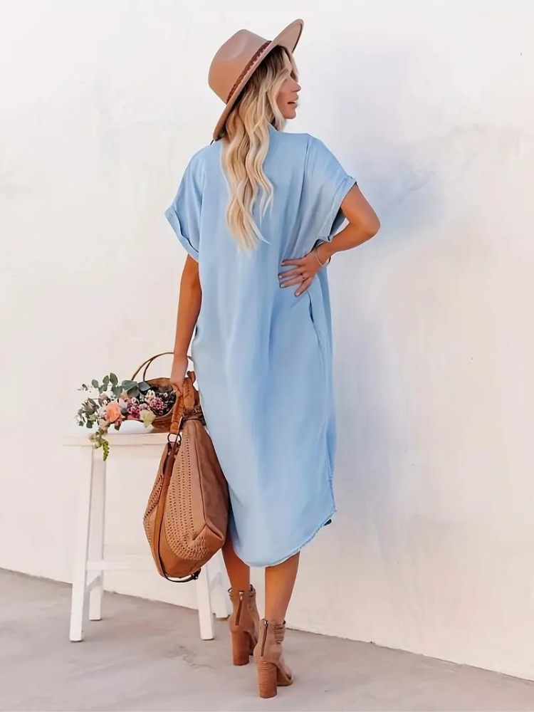Oversized Midi Shirt Dress With Short Sleeves For Women