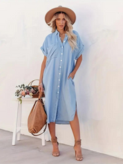 Oversized Midi Shirt Dress With Short Sleeves For Women