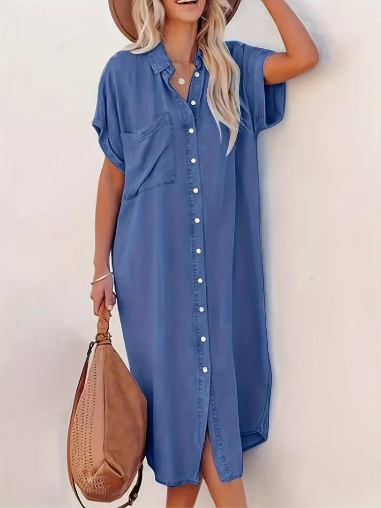 Oversized Midi Shirt Dress With Short Sleeves For Women