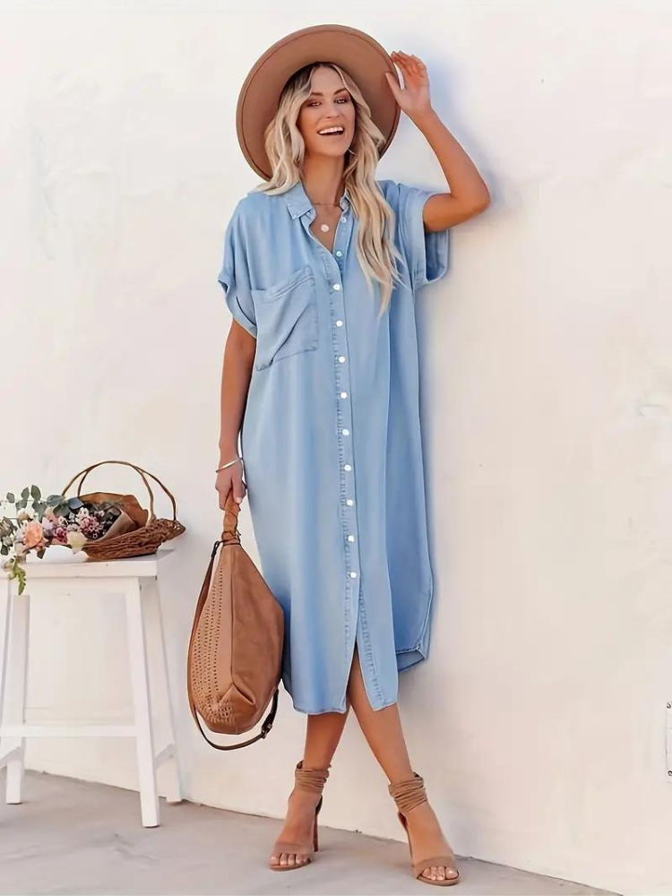 Oversized Midi Shirt Dress With Short Sleeves For Women