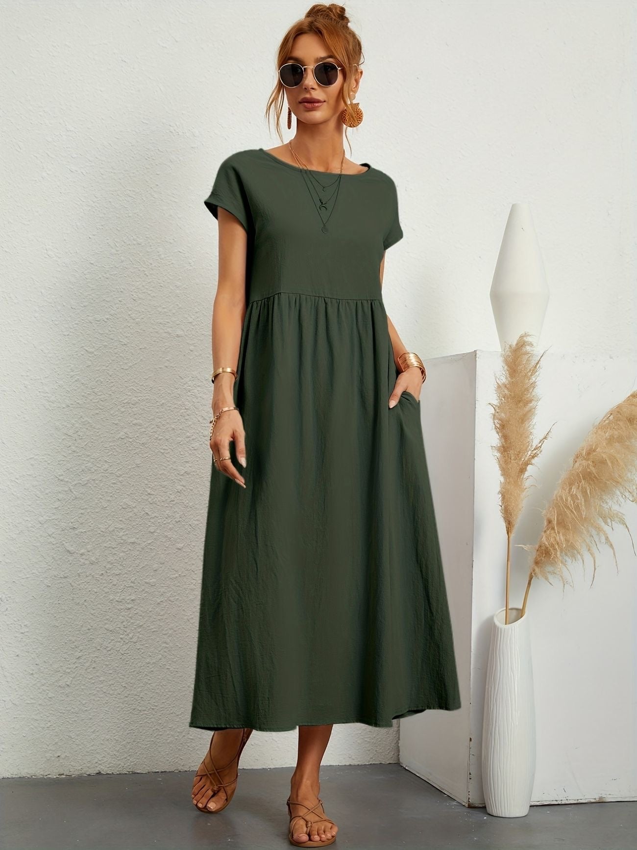 Falling Maxi Dress with Short Sleeves and Pockets