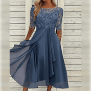 Women's Elegant Midi Dress with Lace and Comfortable Flowy Fit