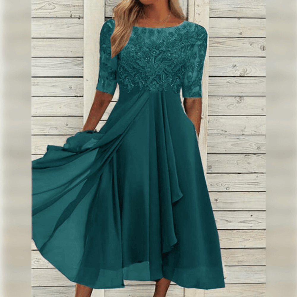 Women's Elegant Midi Dress with Lace and Comfortable Flowy Fit