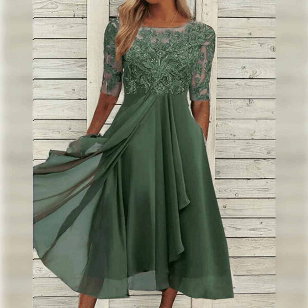 Women's Elegant Midi Dress with Lace and Comfortable Flowy Fit