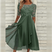 Women's Elegant Midi Dress with Lace and Comfortable Flowy Fit