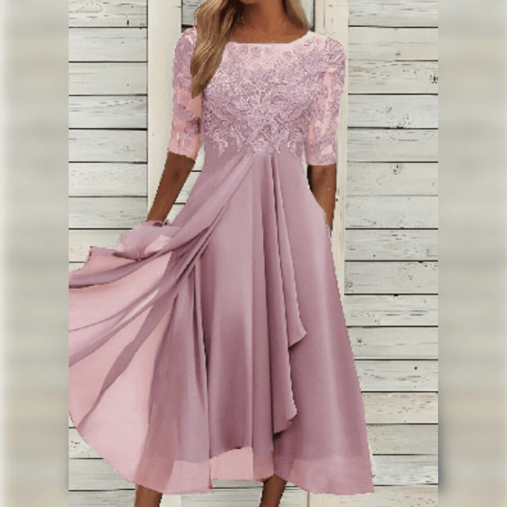 Women's Elegant Midi Dress with Lace and Comfortable Flowy Fit
