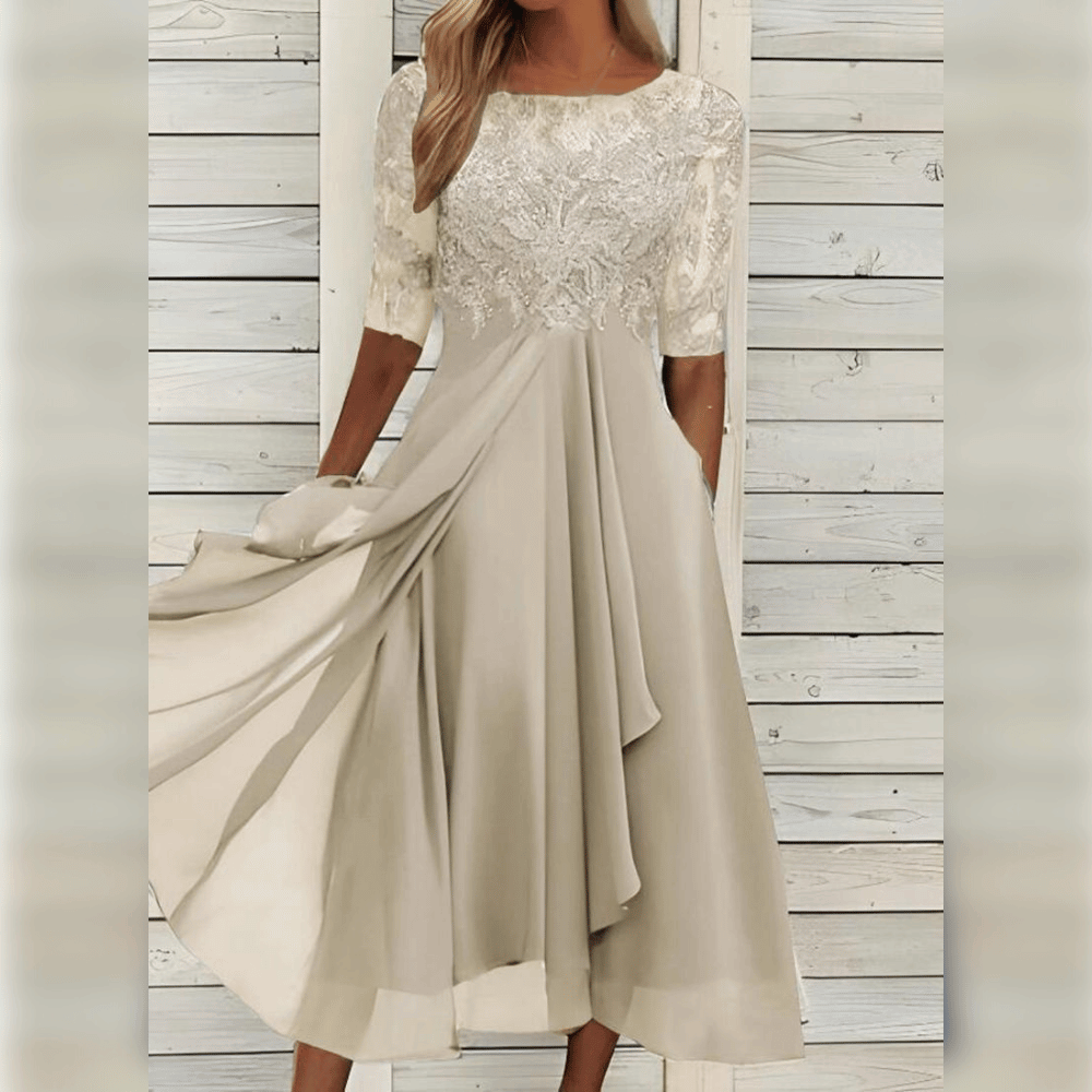 Women's Elegant Midi Dress with Lace and Comfortable Flowy Fit