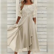 Women's Elegant Midi Dress with Lace and Comfortable Flowy Fit
