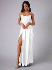 Maartje - Satin evening dress with high slit and open back