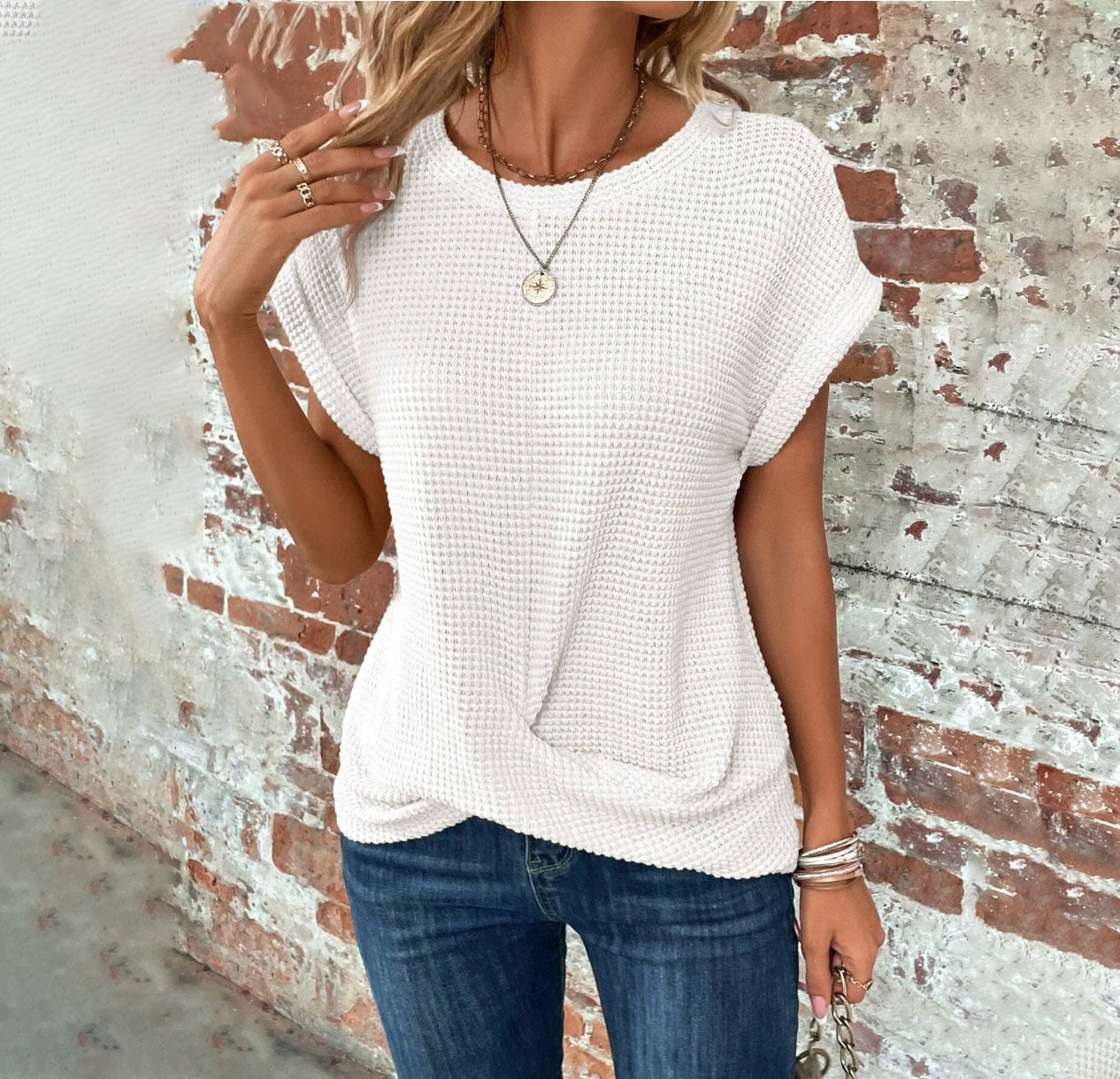Draped Top with Short Sleeves and Round Neck