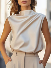 Sleeveless Top with Stand-Up Collar and Button Detail for Women
