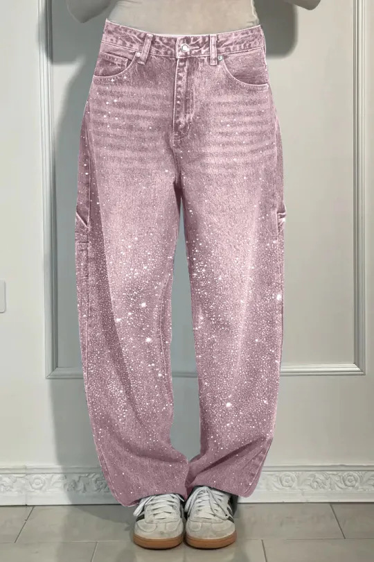 Women's High-Waisted Straight Jeans with Glitter