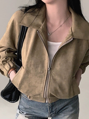 Short Suede-Look Bomber Jacket for Women Stylish and Trendy with Zipper