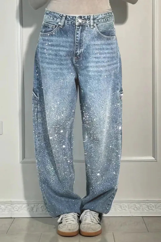 Women's High-Waisted Straight Jeans with Glitter