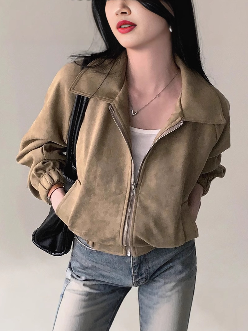 Short Suede-Look Bomber Jacket for Women Stylish and Trendy with Zipper