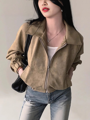 Short Suede-Look Bomber Jacket for Women Stylish and Trendy with Zipper