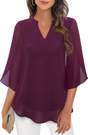 Airy Loose-Fitting Blouse for Women with Split Neck and Three-Quarter Sleeves