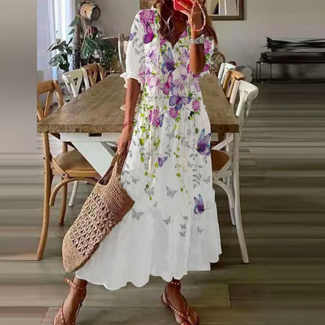 Boho Maxi Dress with Floral Print and V-Neck