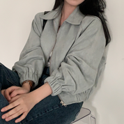 Short Suede-Look Bomber Jacket for Women Stylish and Trendy with Zipper