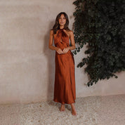 Lotte - Satin Women's Maxi Halter Dress with Split