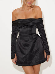 Black Off-Shoulder Mini Cocktail Dress with Long Sleeves for Women