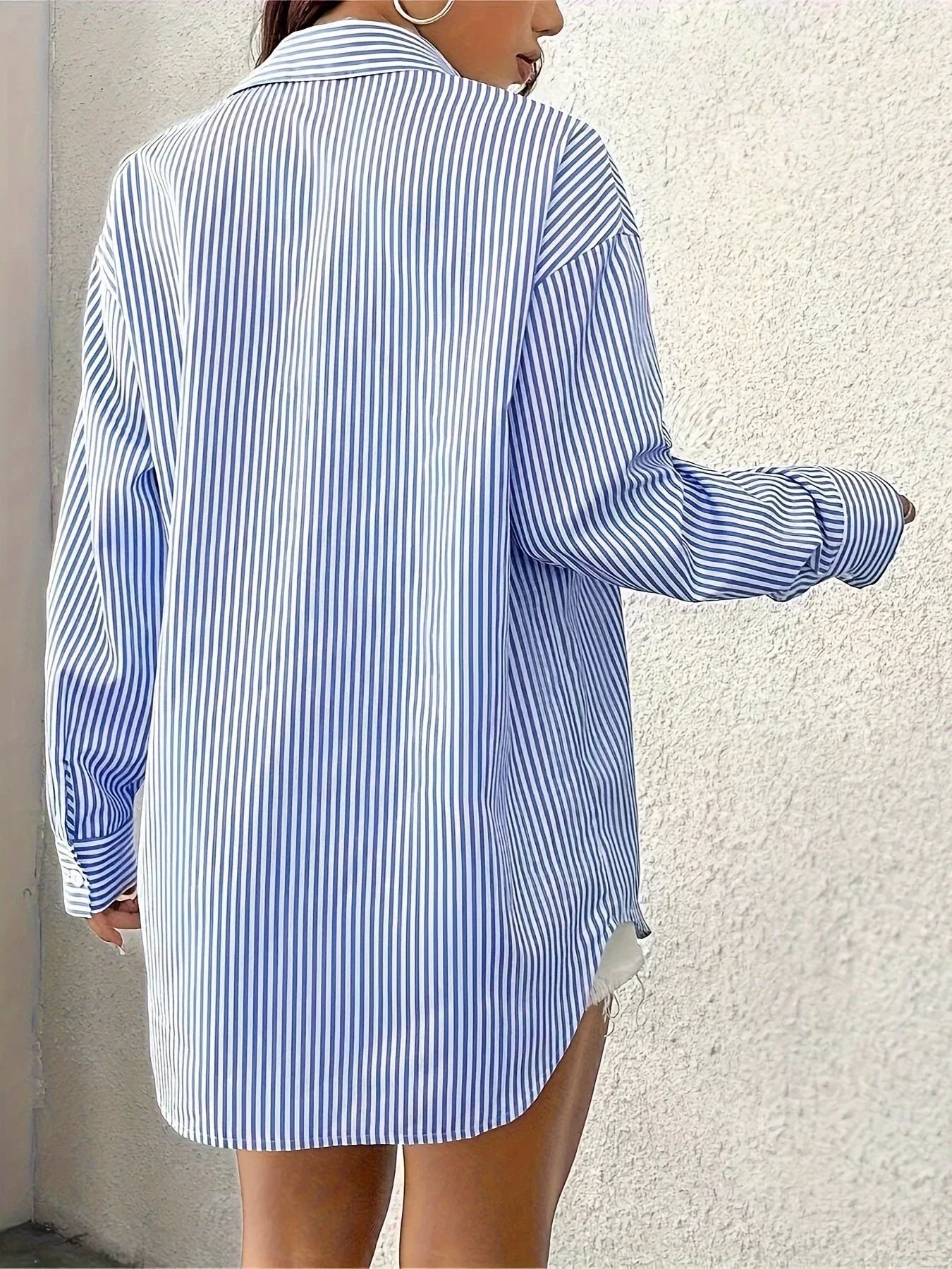 Blue and White Oversized Striped Blouse for Women