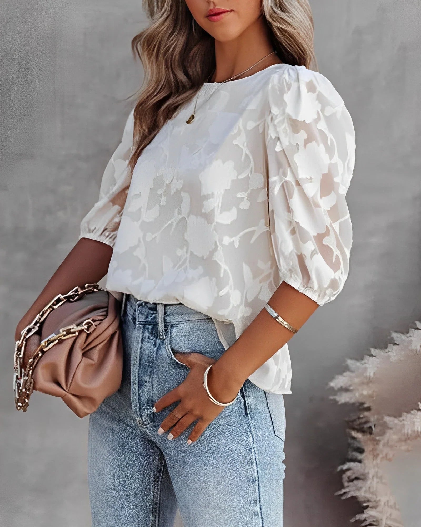 Blouse with Floral Pattern and Puff Sleeves for Women