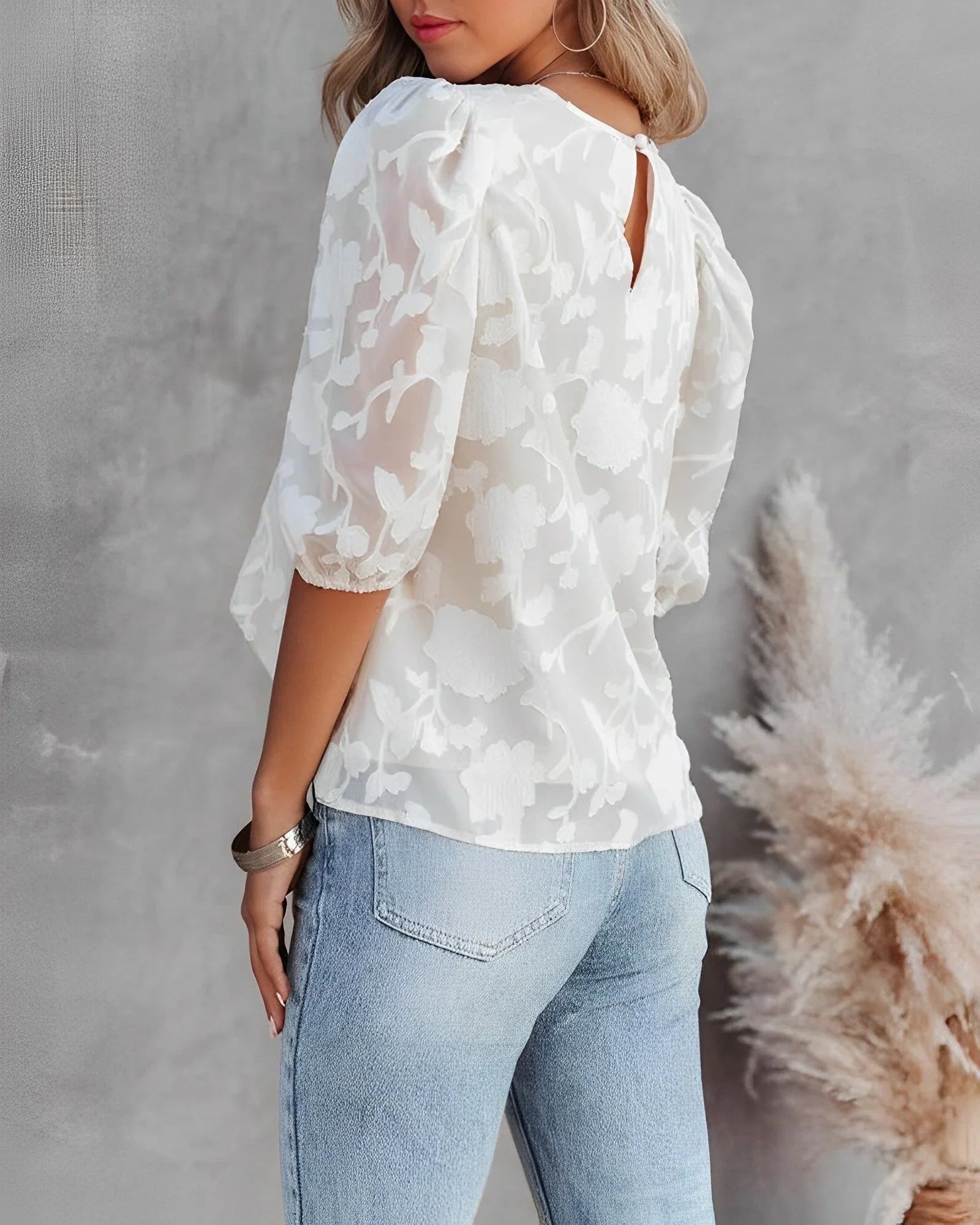 Blouse with Floral Pattern and Puff Sleeves for Women