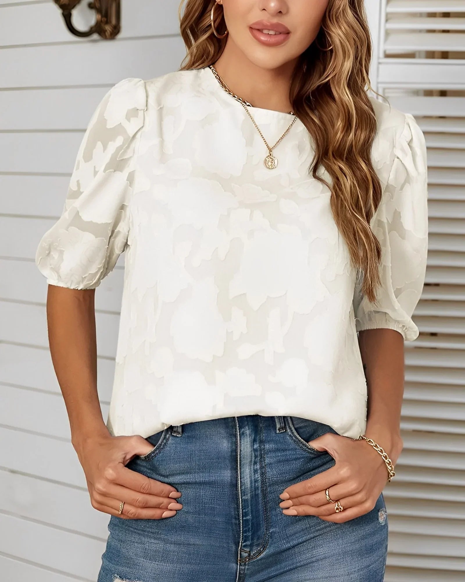 Blouse with Floral Pattern and Puff Sleeves for Women